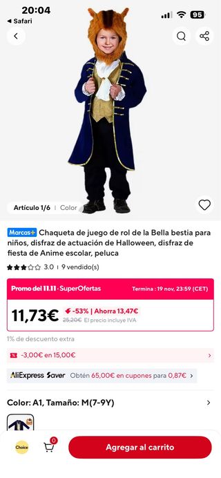 Disfraz Bella y Bestia niño Talla M