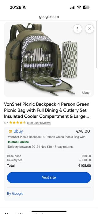 Mochila Picnic VonShef Verde con Manta