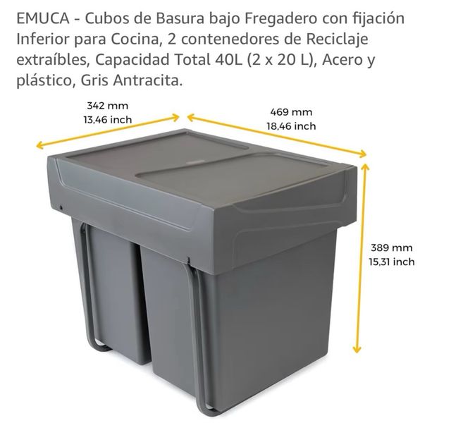 Cubo Basura Bajo Fregadero 40L Gris