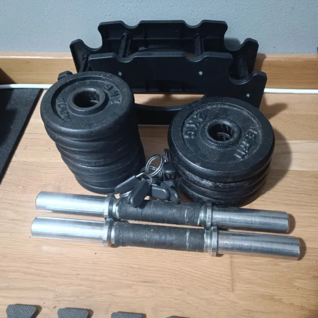 Mancuernas con discos y soporte