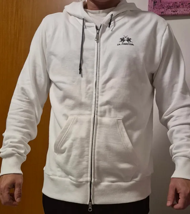 Felpa La Martina Uomo Full Zip Cappuccio Bianca