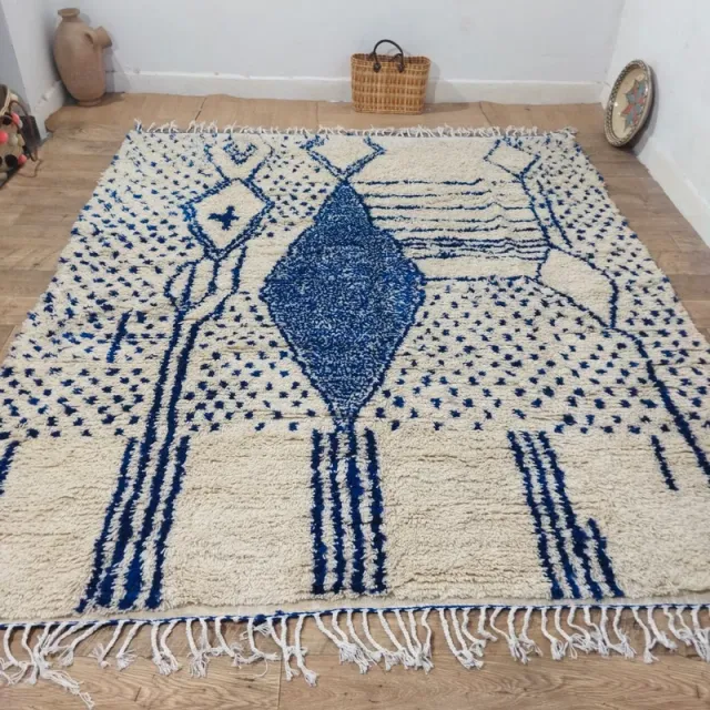 Alfombra Artesano de lana beige y azul