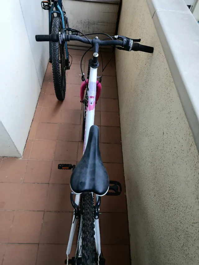 Bicicleta chica blanca y rosa