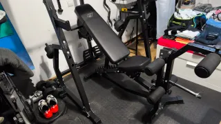 Rack musculación, Banco, Polea, barras y discos.