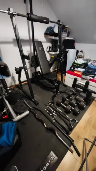 Rack musculación, Banco, Polea, barras y discos.