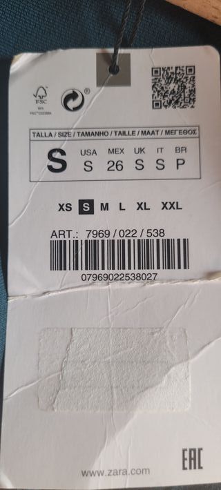 Camisola Zara Talla XS/34 Verde Azulado Nueva