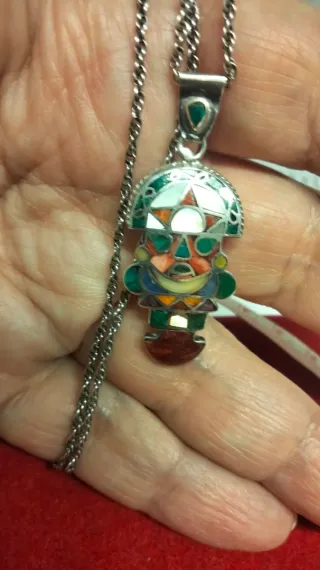 Colgante Plata Diseño Azteca Multicolor