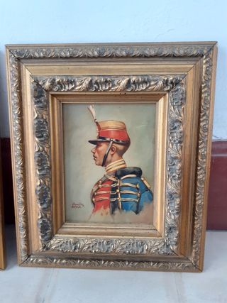 Pareja cuadros antiguos soldados óleo