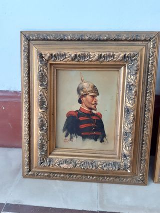 Pareja cuadros antiguos soldados óleo