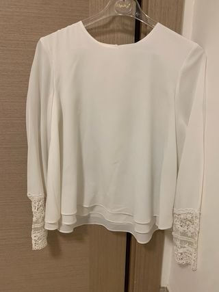 Blusa Zara Blanca Manga Larga Encaje T.XS