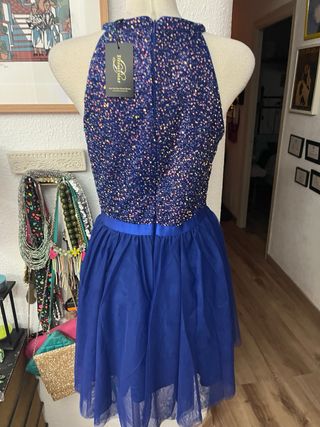 Vestido fiesta lentejuelas tul azul XL
