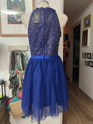 Vestido fiesta lentejuelas tul azul XL