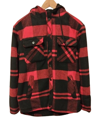 Abrigo de cuadros rojo y negro con capucha