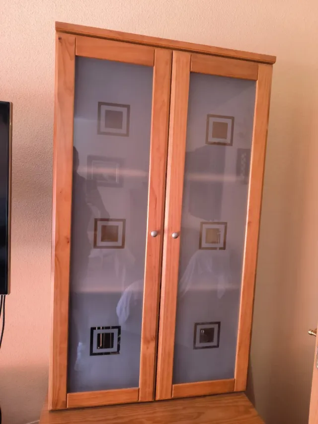 Mueble de madera con puertas de cristal