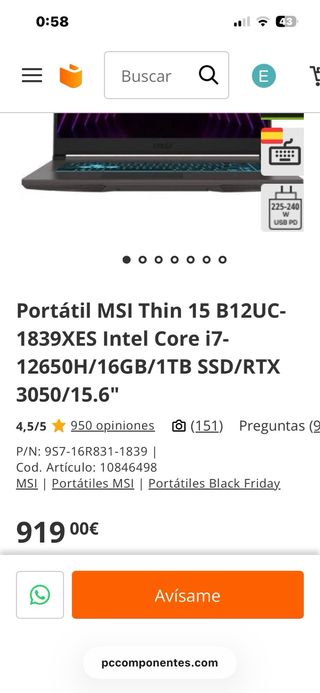 Portátil Gaming MSI Thin 15 B12UC-1839XES