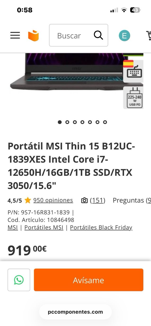 Portátil Gaming MSI Thin 15 B12UC-1839XES