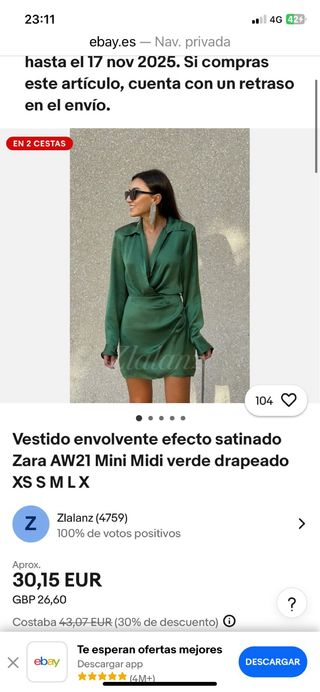 Vestido Zara verde satinado mini Talla S
