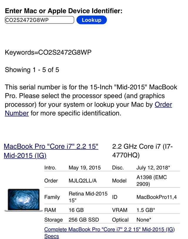 MacBook Pro Retina 15 2015 i7 16GB para piezas