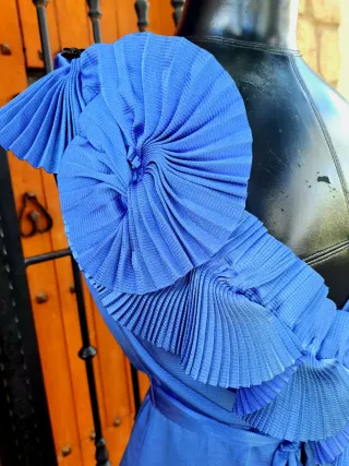 Vestido fiesta azul con plisados "Antea"Talla L/40