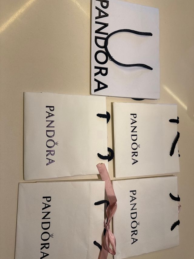 5 Bolsas Pandora Blancas con Asa y Lazo Rosa