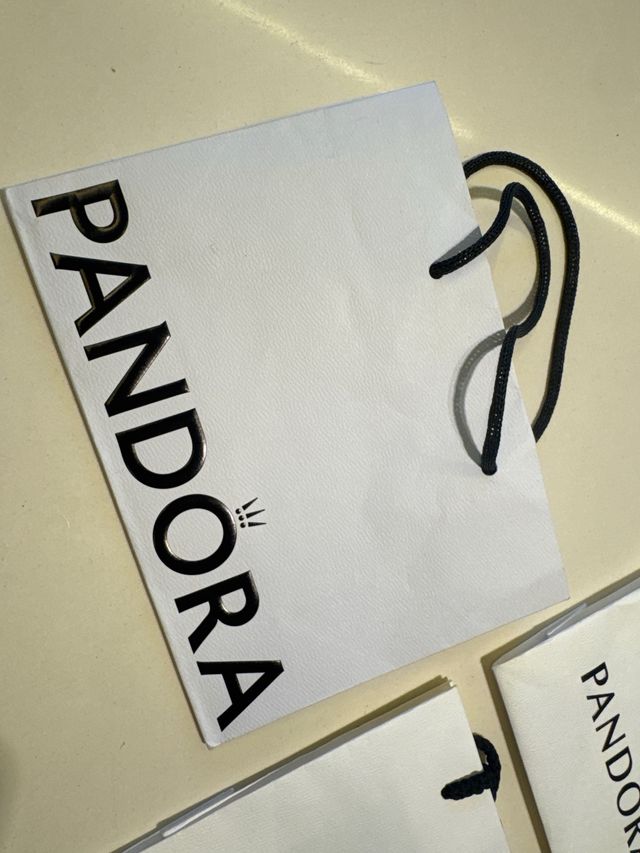 5 Bolsas Pandora Blancas con Asa y Lazo Rosa