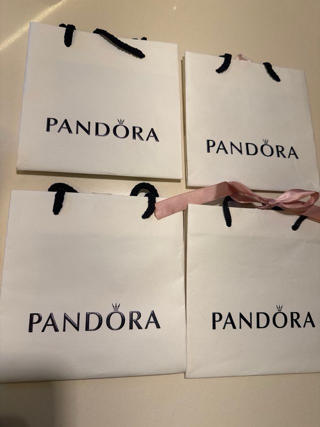 5 Bolsas Pandora Blancas con Asa y Lazo Rosa