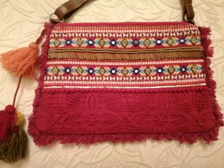 Bolso Algodón Encaje Bordado 3 Borlas