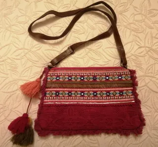 Bolso Algodón Encaje Bordado 3 Borlas