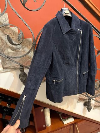 Giacca Chiodo Pelle Scamosciata Blu Donna