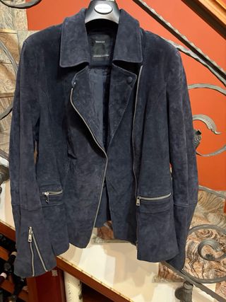 Giacca Chiodo Pelle Scamosciata Blu Donna