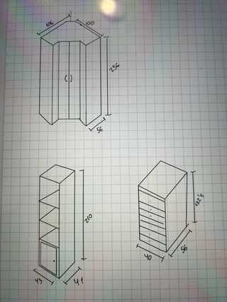 Armario esquinero + cajonera + estanterías