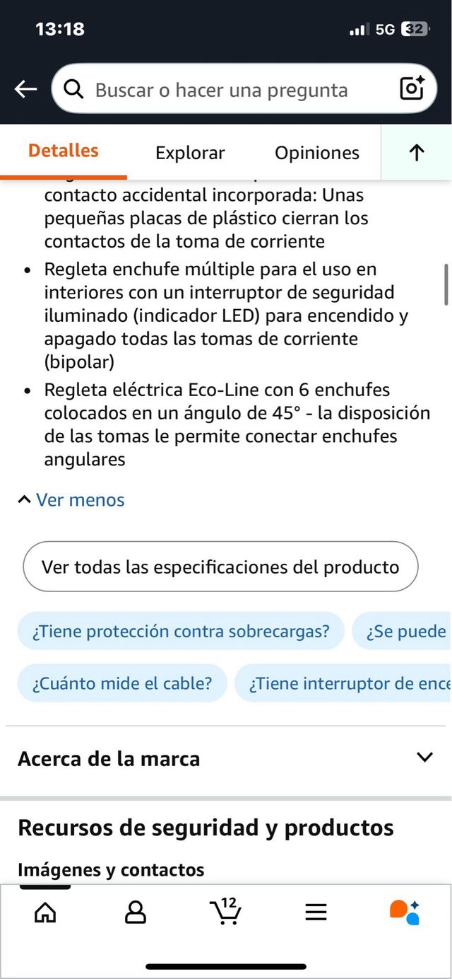 Prolunga 6 prese Nero. Rif. 132