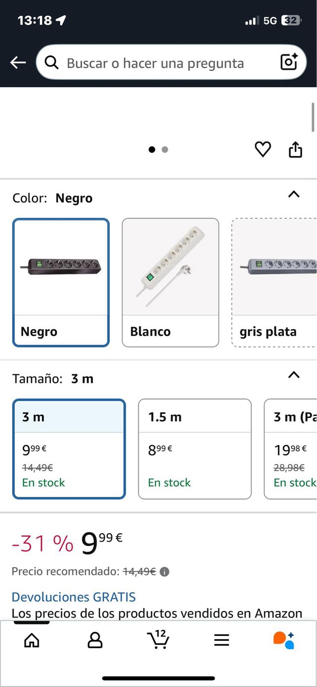 Prolunga 6 prese Nero. Rif. 132