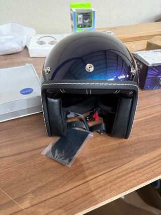 Casco Retro Moto Azul Metalizado