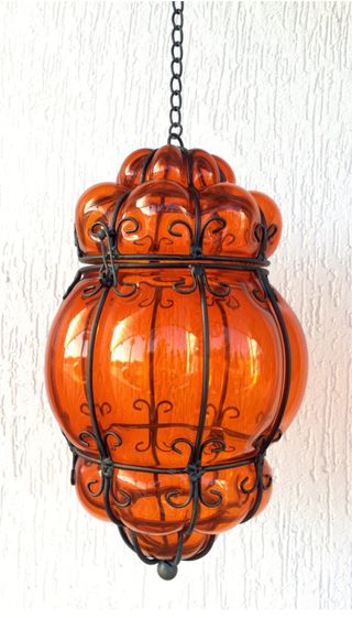 Lampadario Vetro Arancio e Ferro Battuto