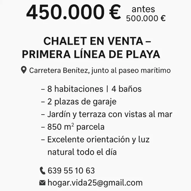 Chalet en Primera Línea de Playa - 450.000€