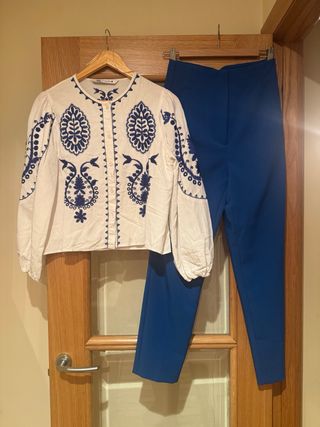 Conjunto Zara Camisa Bordada y Pantalón T.S oferta
