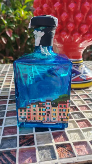 Bottiglia Vetro Azzurro Dipinta Portofino