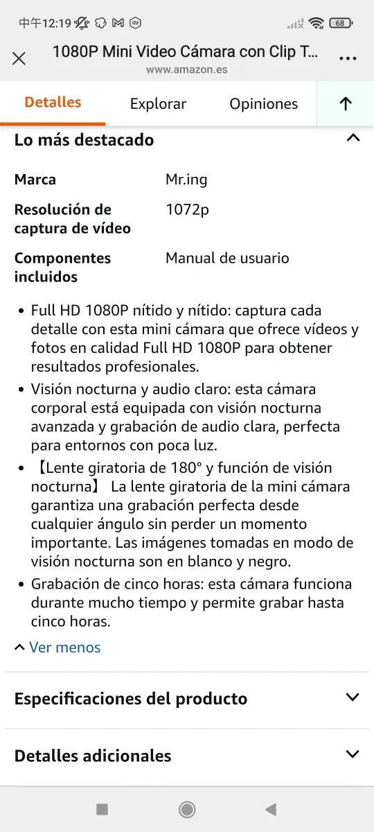 Cámara Mini Video 1080P con Clip Trasero
