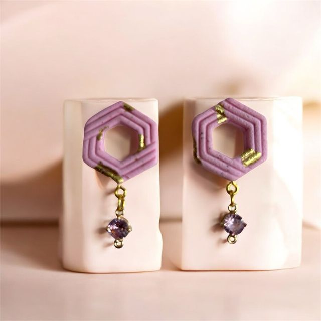 Pendientes Arcilla Polimérica Hexagonales en rosa