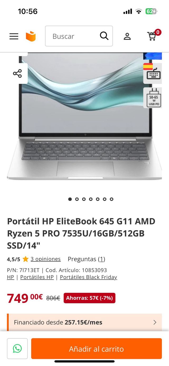 Portátil HP elitebook 645 G11 AMD 5 blanco y negro