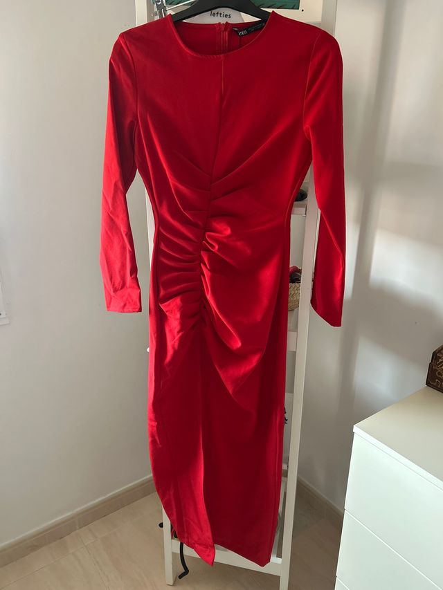 Vestido Rojo Zara Manga Larga Fruncido