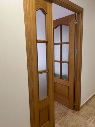 Puerta doble salón madera maciza acristalada