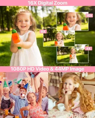 Cámara Digital Infantil Rosa 44MP 16X Zoom