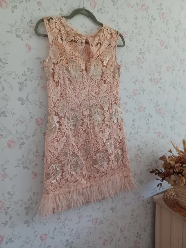 Vestido de encaje rosa con plumas y lentejuelas