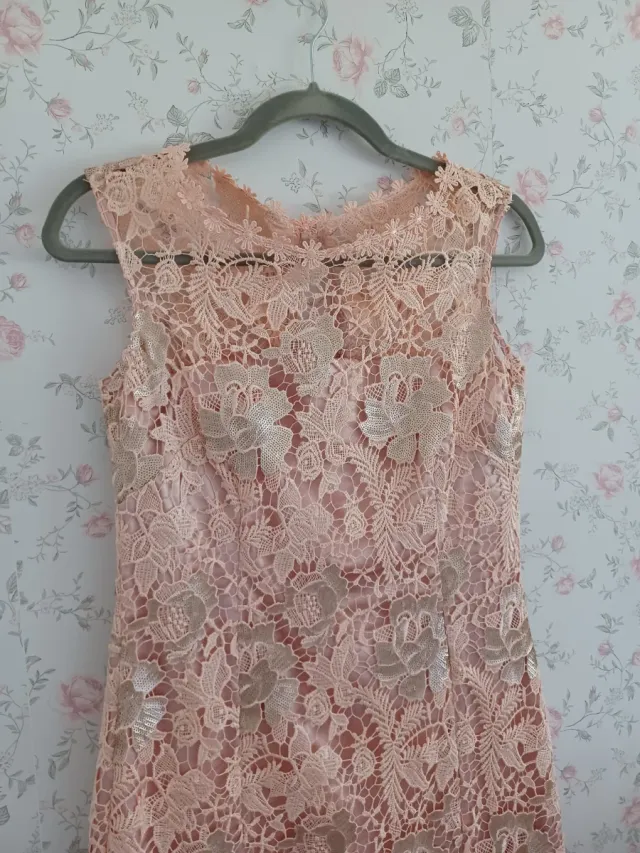 Vestido de encaje rosa con plumas y lentejuelas