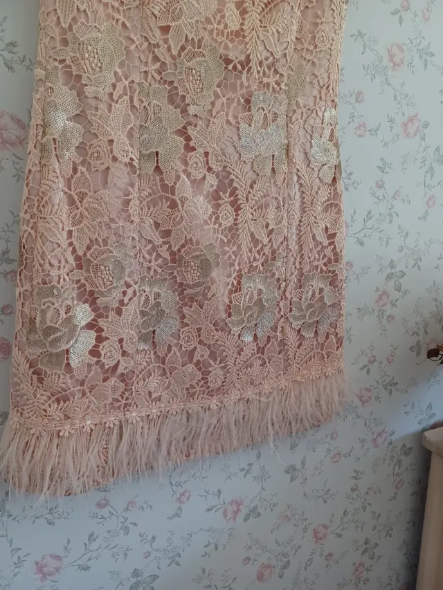 Vestido de encaje rosa con plumas y lentejuelas