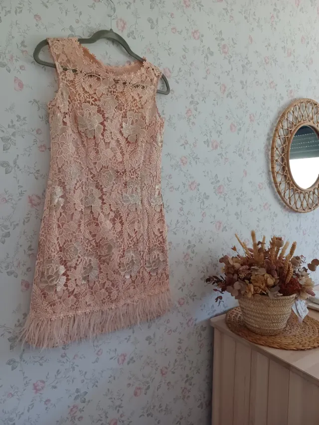 Vestido de encaje rosa con plumas y lentejuelas