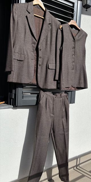 Tailleur lana pantalone + gilet marrone nuovo