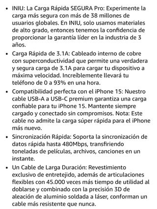 Cable INIU USB A a USB C 2m 3.1A